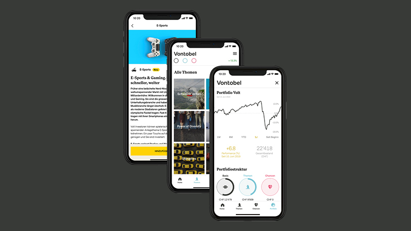 Three smartphones. Onscreen visible different stages of Vontobel Volt® – the app solution for thematic investing