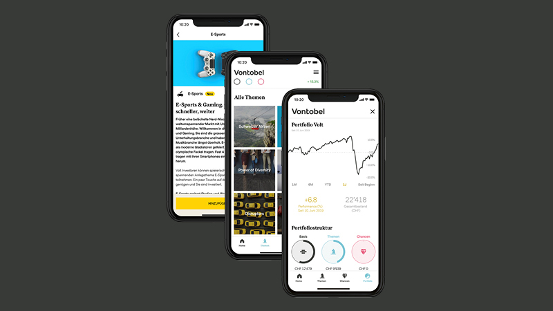 Drei Smartphones nebeneinander. Auf dem Bildschirm zu sehen ist Vontobel Volt® – die unkomplizierte App-Lösung für thematisches Investieren