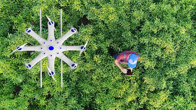 Smart Farming as an investment theme: A drone hovers over a planted green field. The drone is being controlled by a farmer who is standing in the field with a smartphone.