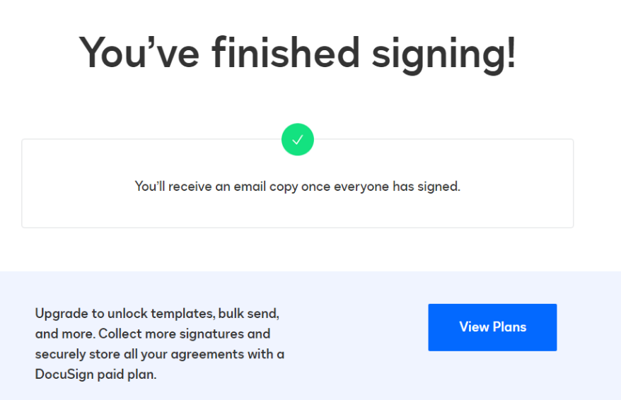 Image shows a screenshot of the success screen after a successful signing