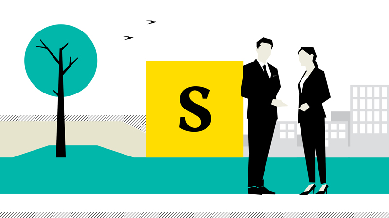S for social - a business man and woman are talking with each other